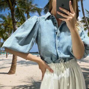 Zara ZW COLLECTION DENIM BLOUSE Puff sleeves Light Blue Size XS NWT 7563/059